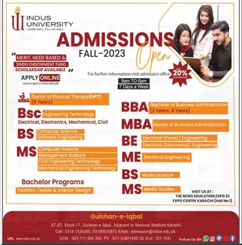 Indus University karachi Sindh Admissions 2023 Admissions 2023 — original advertisement