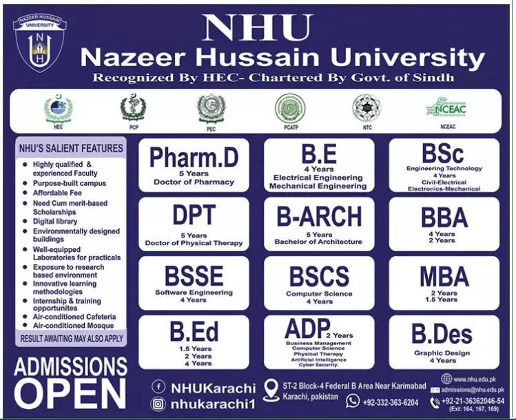 Nazeer Hussain University Sindh Admissions 2023 Admissions 2023 — original advertisement