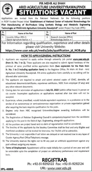 Pir Mehr Ali Shah Arid Agriculture University Jobs 2023 – Pir Mehr Ali Shah Arid Agriculture University Rawalpinid Jobs 2023 — original advertisement