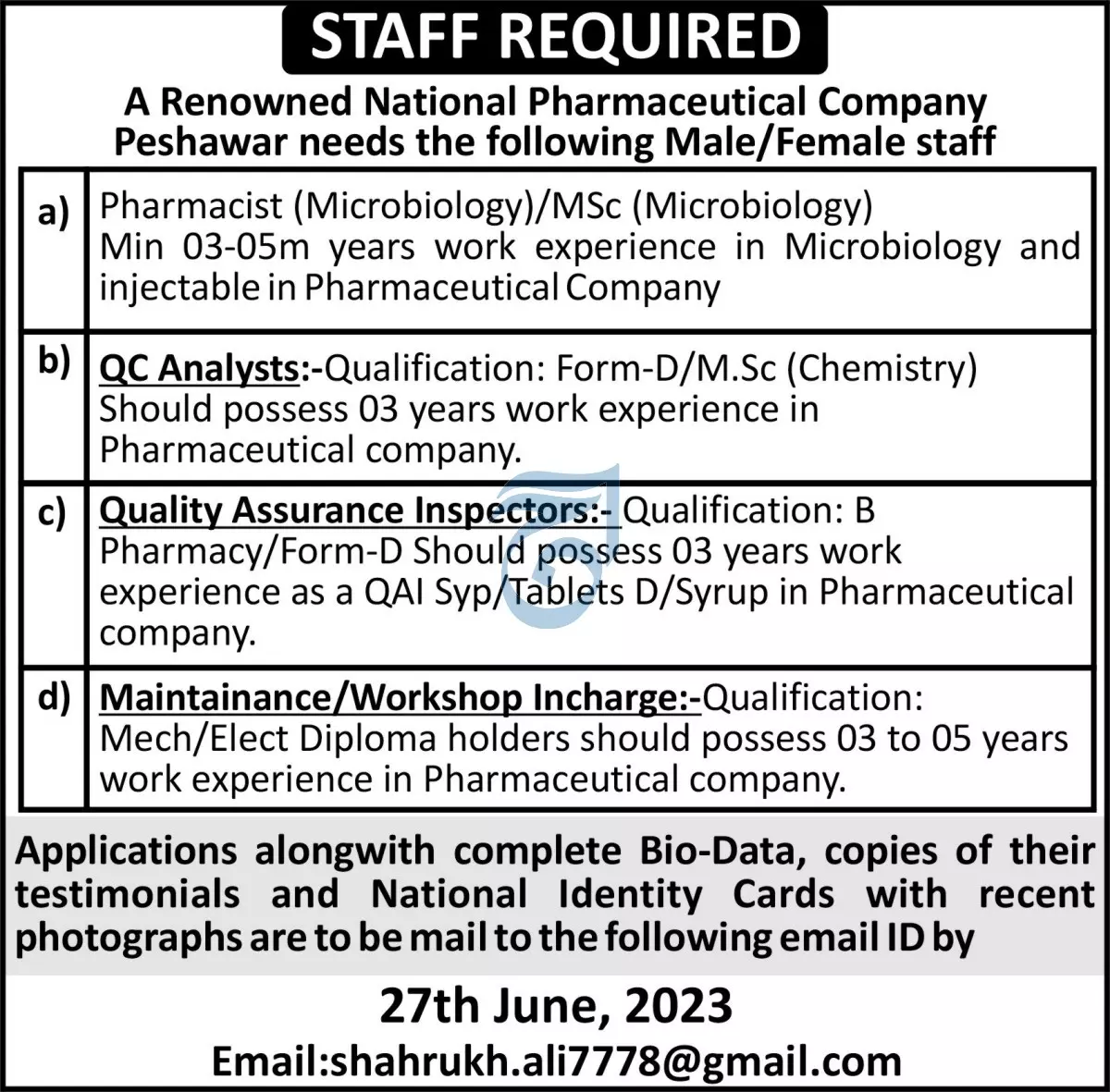 Renowed National Pharmaceutical Company Peshawar Jobs 2023 – Public Sector Organization Jobs 2023 — original advertisement