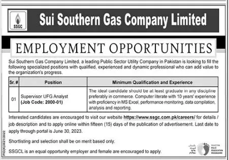 Sui Southern Gas Company Limited Karachi Jobs 2023 Jobs 2023 — original advertisement