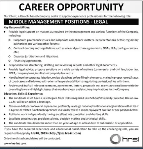 HRSI Company Jobs 2023 In Karachi – Private Company Jobs 2023 — original advertisement