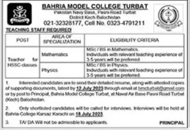 Bahria Model College Turbat Balochistan Jobs 2023 Jobs 2023 — original advertisement