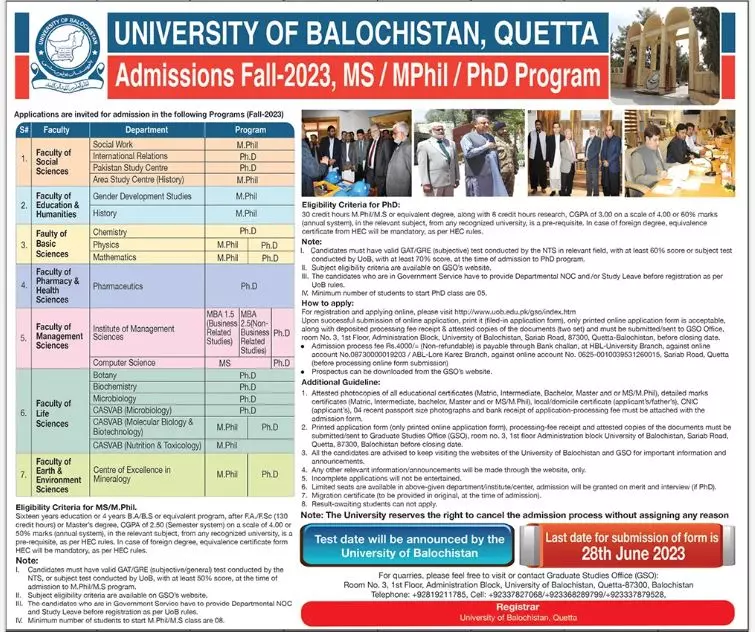 University of Balochistan Quetta Admissions 2023 Admissions 2023 — original advertisement