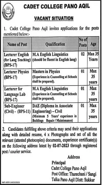 Cadet College Pano Aqil Sindh Jobs 2023 Jobs 2023 — original advertisement