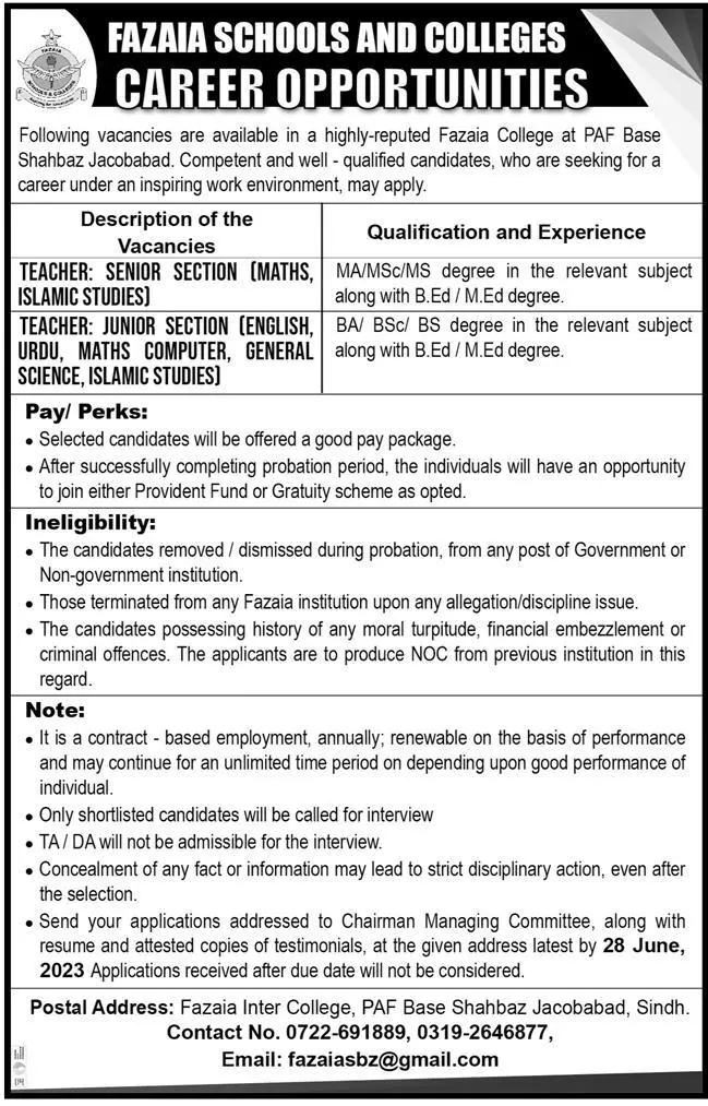Fazaia Schools And Colleges Jacobadbad Sindh Jobs 2023 – Fazaia Schools & Colleges Jobs 2023 — original advertisement
