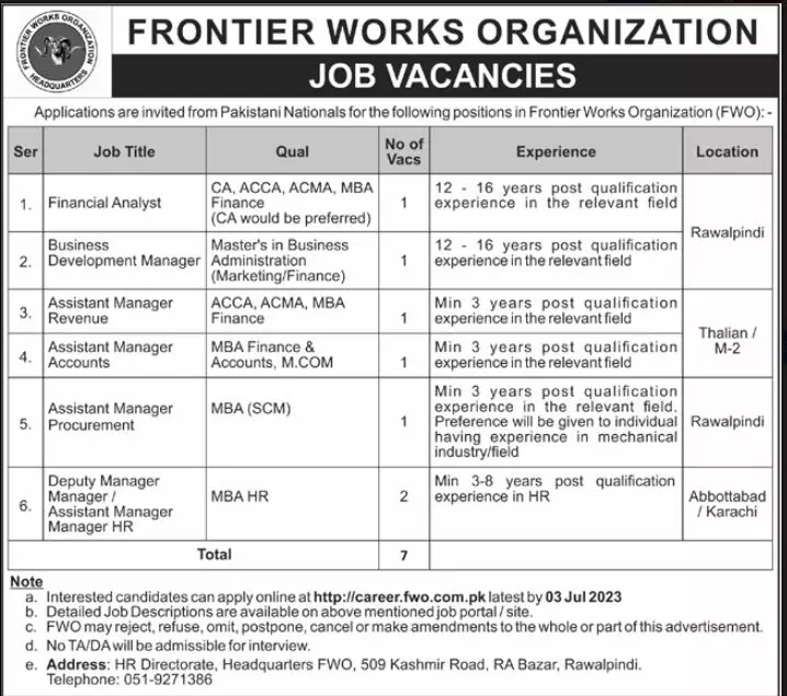 Frontier Works Organization FWO Jobs 2023 Jobs 2023 — original advertisement