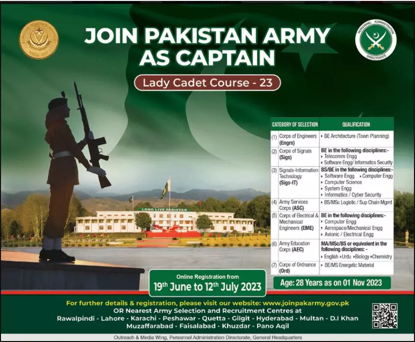 Join Pak Army Lady Cadet Course Jobs 2023 – Pakistan Army Jobs 2023 — original advertisement