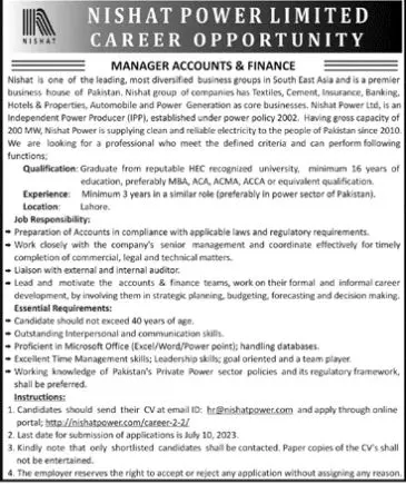 Nishat Power Limited Lahore Jobs 2023 – Private Company Jobs 2023 — original advertisement