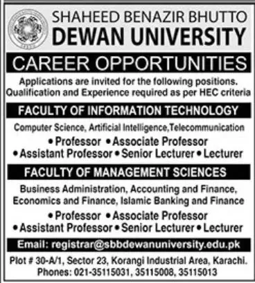Shaheed Benazir Bhutto Dewan University Karachi Jobs 2023 Jobs 2023 — original advertisement
