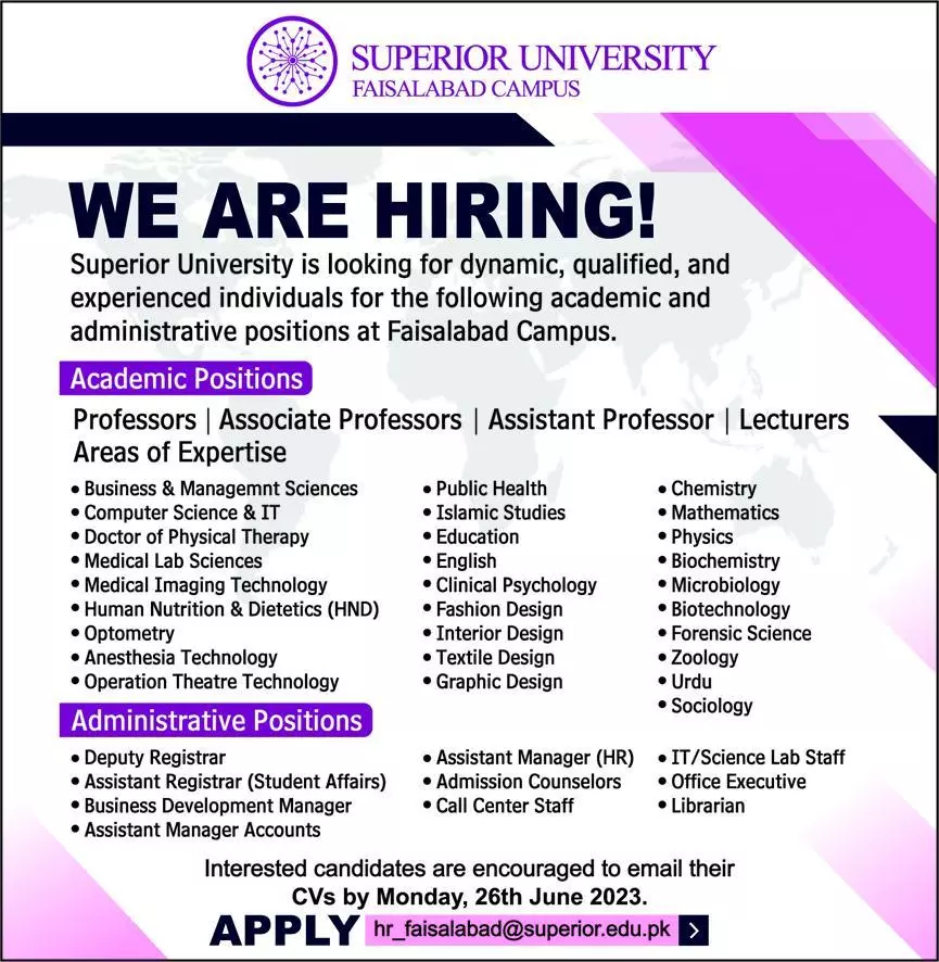 Superior University Faislabad Campus Jobs 2023 – Superior University Lahore Jobs 2023 — original advertisement
