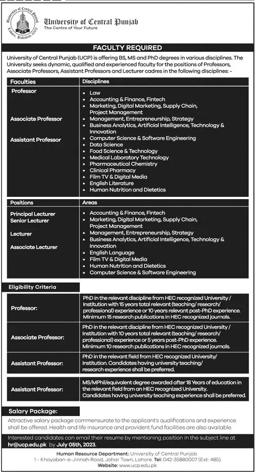 University of Central Punjab UCP Jobs 2023 Jobs 2023 — original advertisement