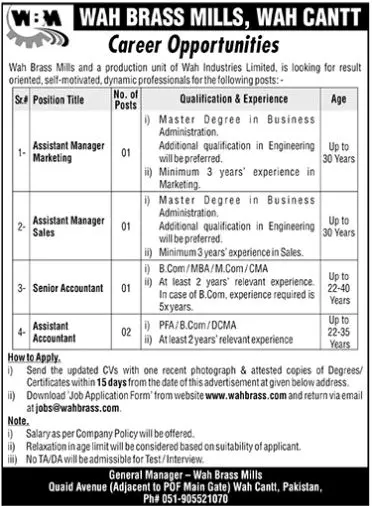 Wah Brass Mills Pvt Limited Wah Cantt Jobs 2023 – Private Company Jobs 2023 — original advertisement