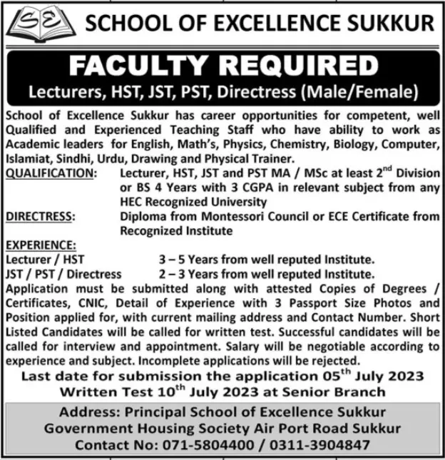 School Of Excellence Sukkur Jobs 2023 Jobs 2023 — original advertisement