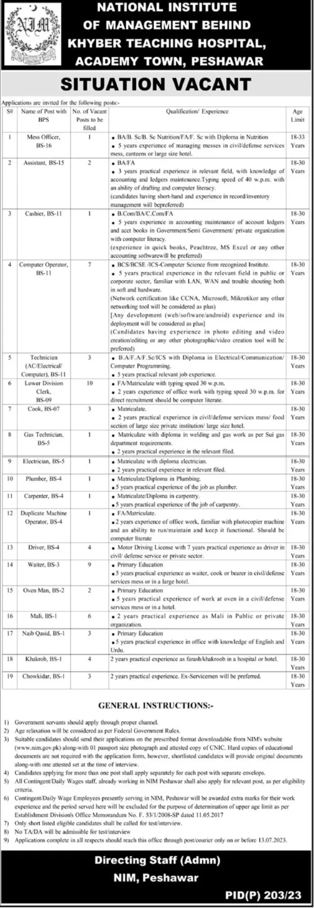 National Institute Of Management Peshawar Jobs 2023 – National Institute of Health and Management Sciences Jobs 2023 — original advertisement