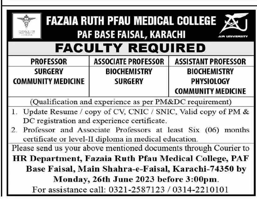 Fazaia Ruth PFAU Medical College Karachi sindh Jobs 2023 – Fazaia Schools & Colleges Jobs 2023 — original advertisement