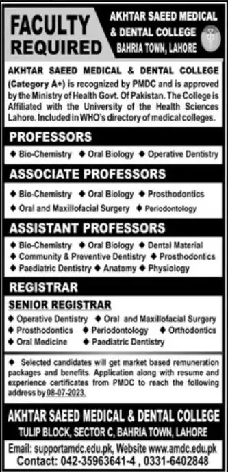 Akhtar Saeed Medical And Dental College Jobs 2023 Jobs 2023 — original advertisement