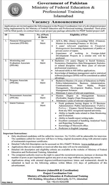 Ministry Of Federal Education Islamabad Jobs 2023 – Ministry of Federal Education and Professional Training Jobs 2023 — original advertisement