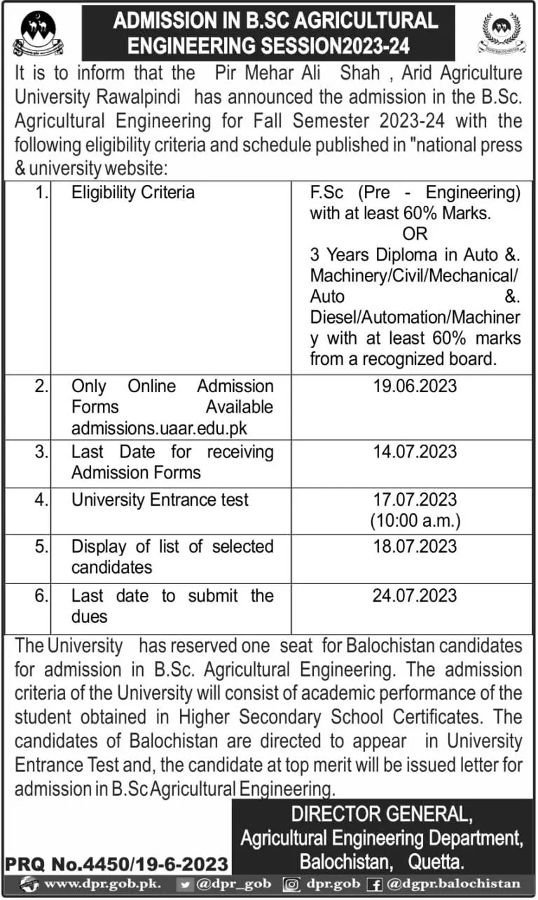Admissions Balochistan Quota Pir Mehar Ali Shah University – Agriculture Department Balochistan Admissions 2023 — original advertisement