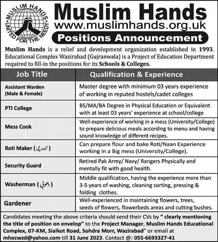 Muslim Hands Wazirabad Punjab Jobs 2023 Jobs 2023 — original advertisement