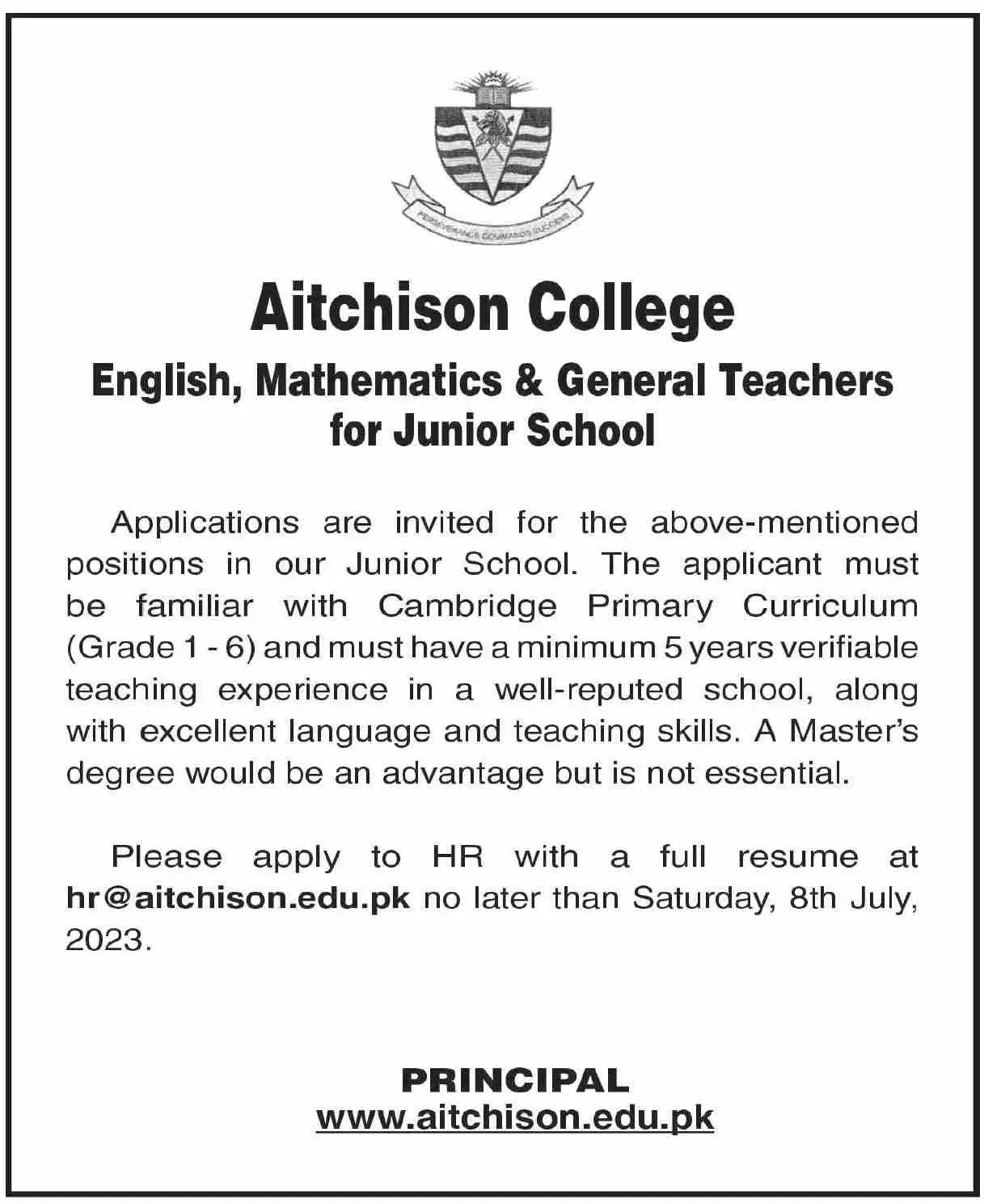 Aitchison College Lahore Punjab Jobs 2023 Jobs 2023 — original advertisement
