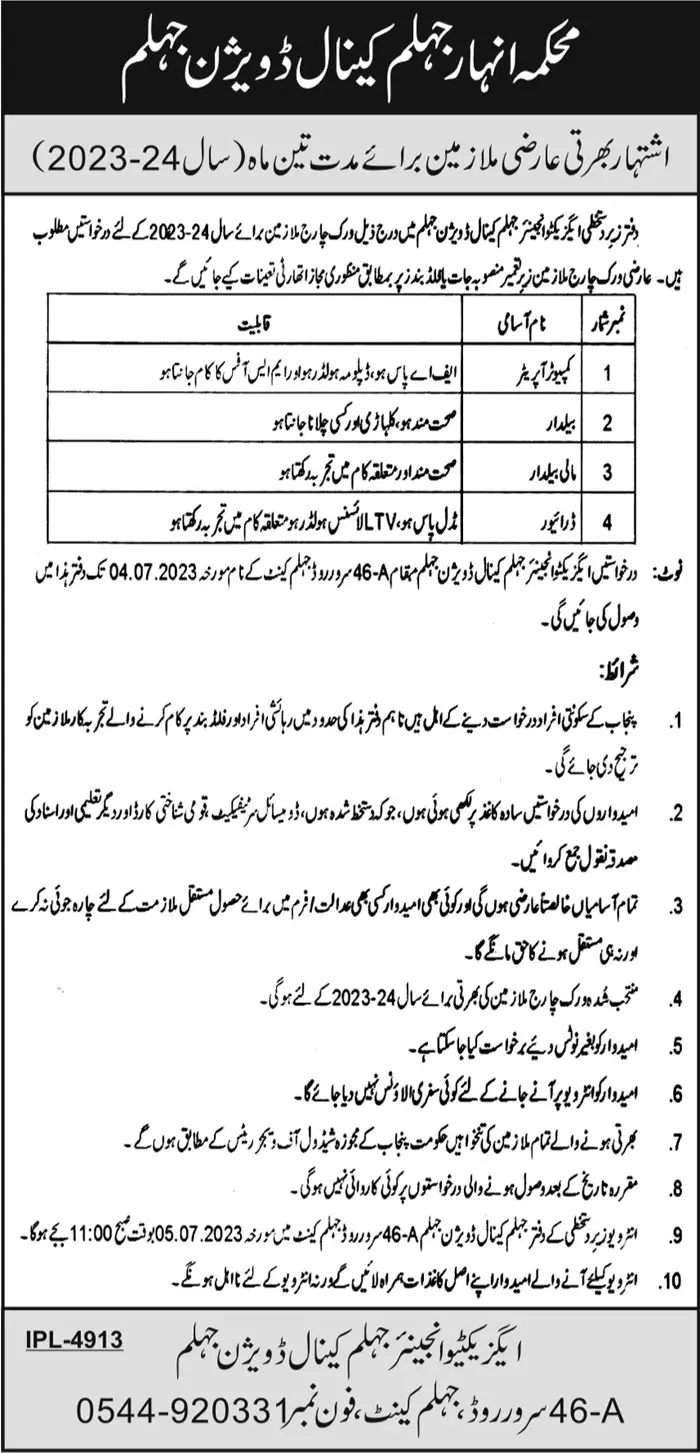 Anhar Department Jhelum Canal Division Jobs 2023 – Irrigation Department Punjab Jobs 2023 — original advertisement