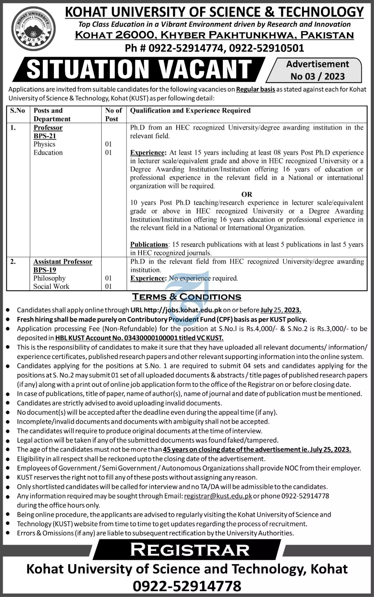 Kohat University of Science and Technology KUST Jobs 2023 – Kohat University of Science and Technology Kohat Jobs 2023 — original advertisement