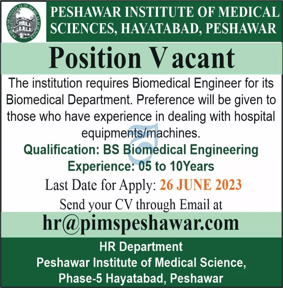 Peshawar Institute of Medical Sciences Peshawar Jobs 2023 Jobs 2023 — original advertisement