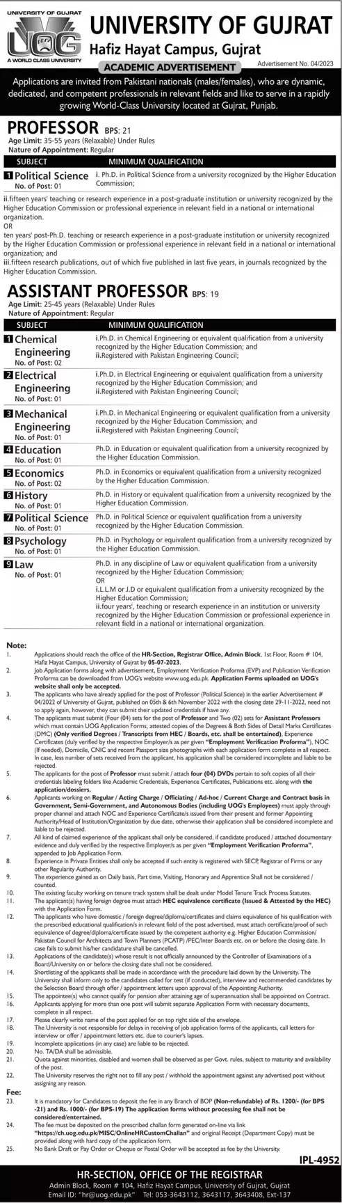University Of Gujrat UOG Punajb Jobs 2023 Jobs 2023 — original advertisement