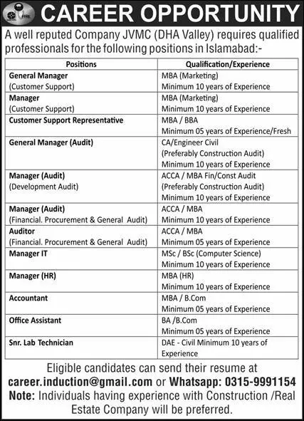 Well Reputed Company JVMC DHA Valley Islamabad Jobs 2023 – Private Company Jobs 2023 — original advertisement