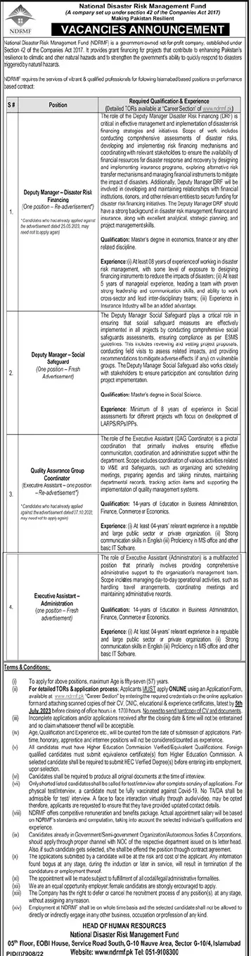 National Disaster Risk Management Fund Islamabad Jobs 2023 – National Disaster & Risk Management Fund Jobs 2023 — original advertisement