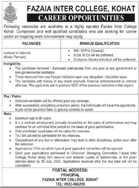 Fazaia Inter College Kohat Khyber Pakhtunkhwa Jobs 2023 – Fazaia Schools & Colleges Jobs 2023 — original advertisement