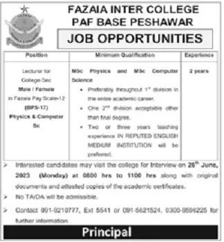 Fazaia Inter College Peshawar Khyber Pakhtunkhwa Jobs 2023 – Fazaia Schools & Colleges Jobs 2023 — original advertisement