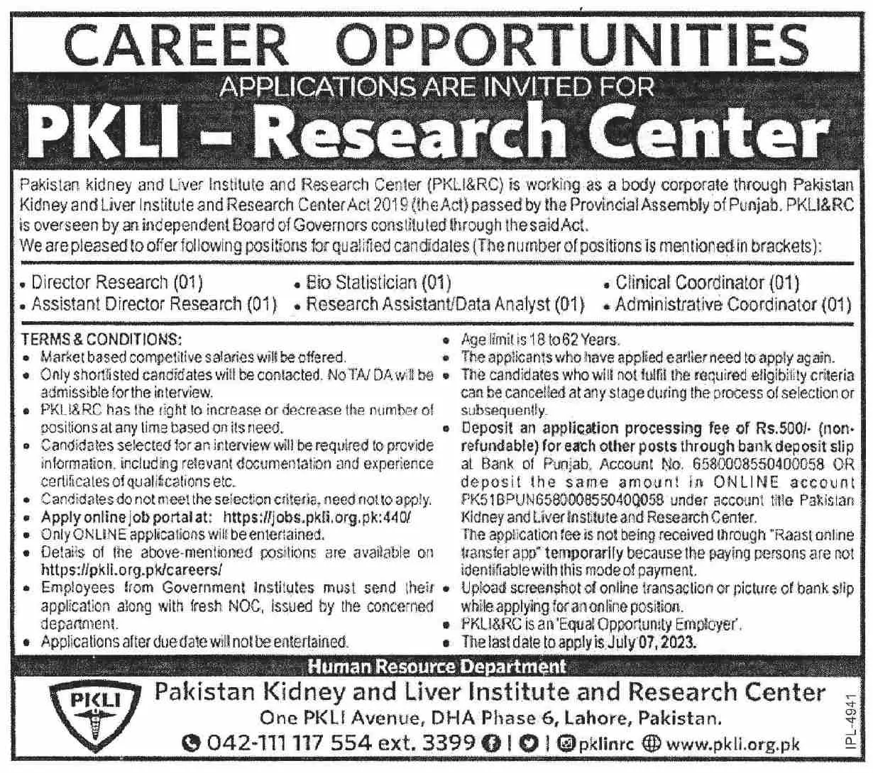 Pakistan Kidney And Liver Institute And Research Centre Jobs – Pakistan Kidney And Liver Institute (PKLI) And Research Centre Lahore Jobs 2023 — original advertisement