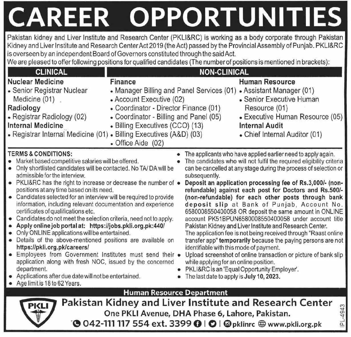 Pakistan Kidney And Liver Institute And Research Lahore Jobs – Pakistan Kidney And Liver Institute (PKLI) And Research Centre Lahore Jobs 2023 — original advertisement