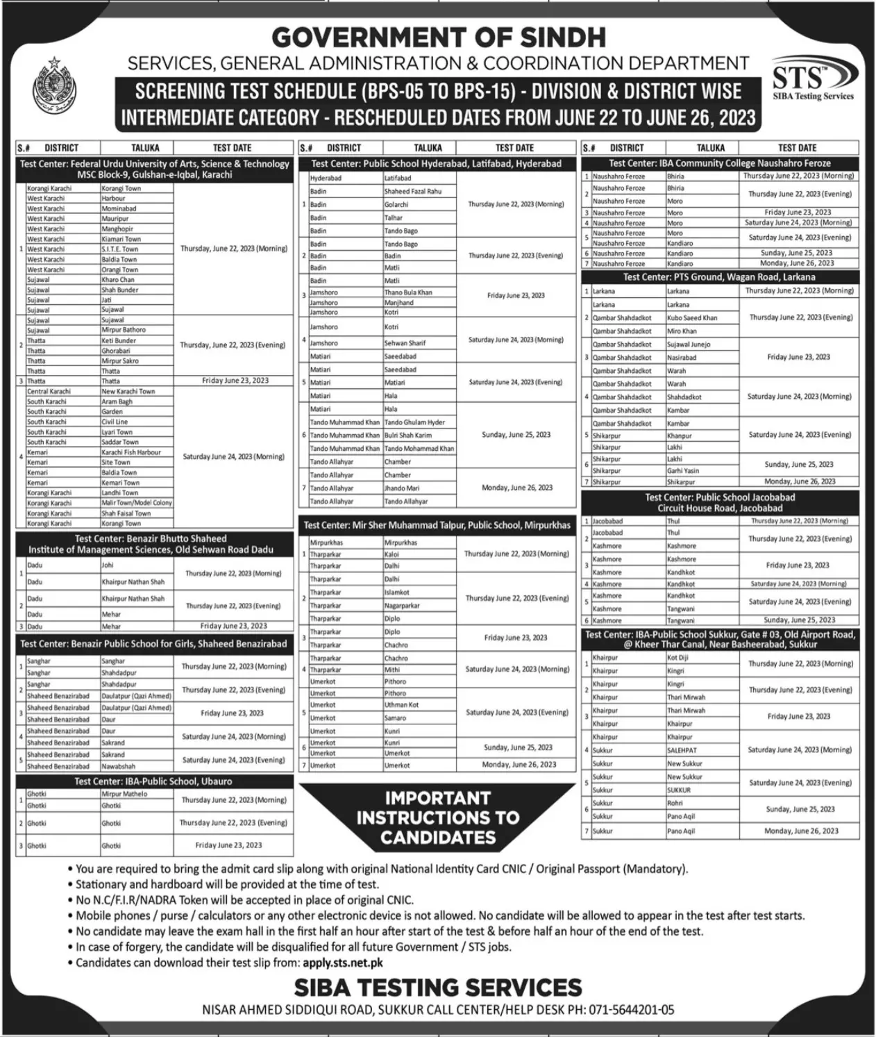 Test Schedule Services Gen Administration Coordination Sindh – Govt of Sindh Jobs 2023 — original advertisement