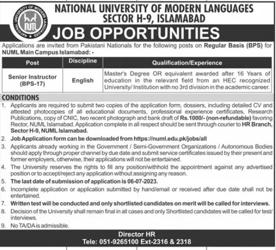 NUML University Islamabad Jobs 2023 – National University of Modern Languages Islamabad Jobs 2023 — original advertisement