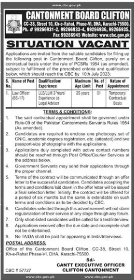 Cantonment Board Clifton Law Officer karachi Jobs 2023 Jobs 2023 — original advertisement