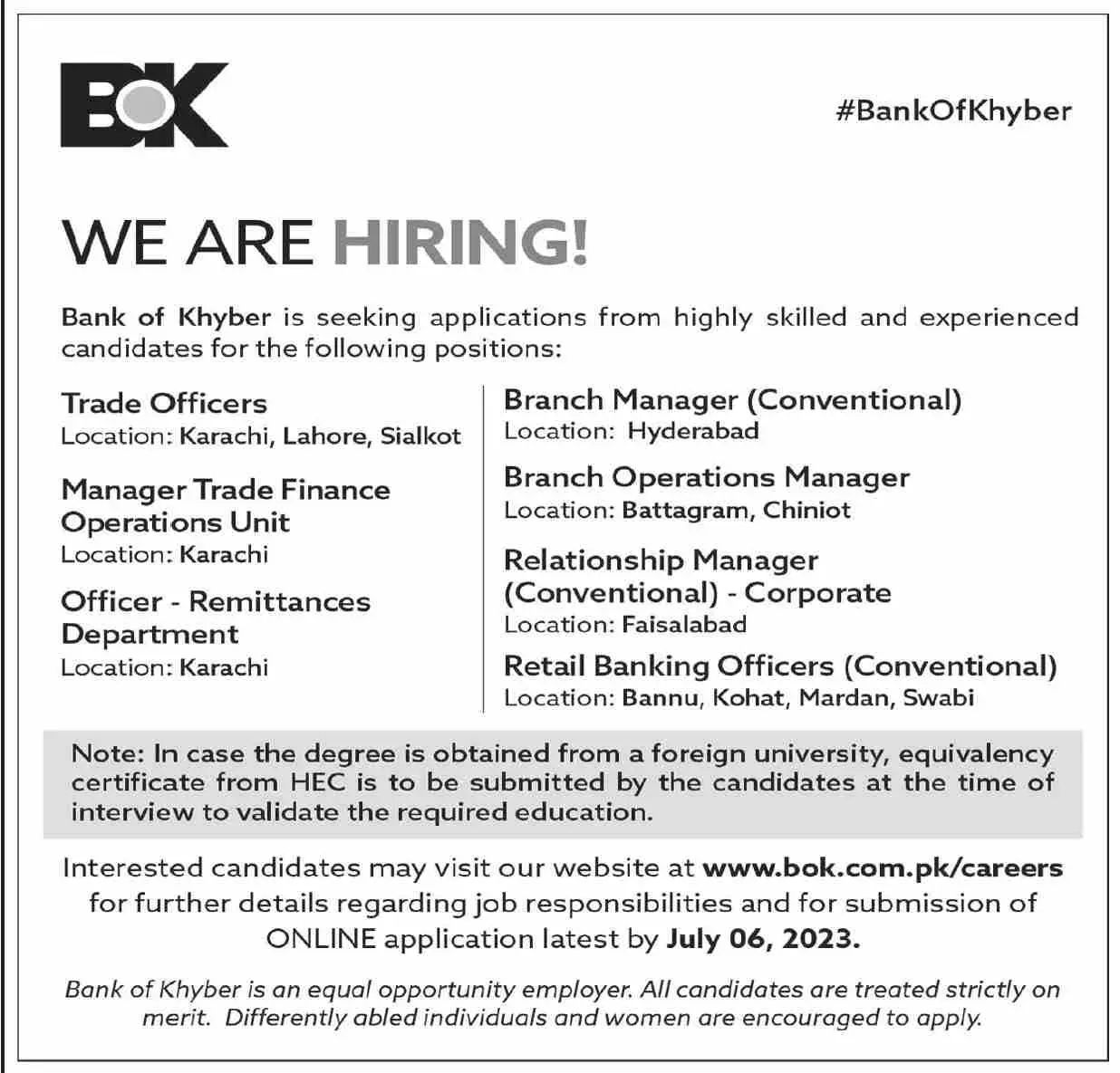Bank Of Khyber BOK Karachi Jobs 2023 Jobs 2023 — original advertisement