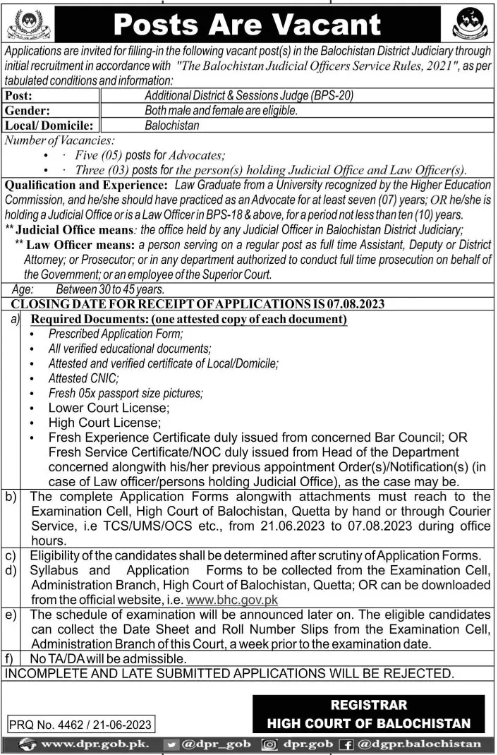 High Court of Balochistan BHC Jobs 2023 – Balochistan High Court Jobs 2023 — original advertisement