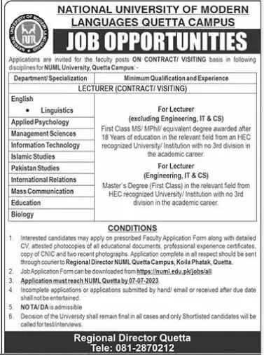 NUML University Quetta Balochistan Jobs 2023 – National University of Modern Languages Islamabad Jobs 2023 — original advertisement