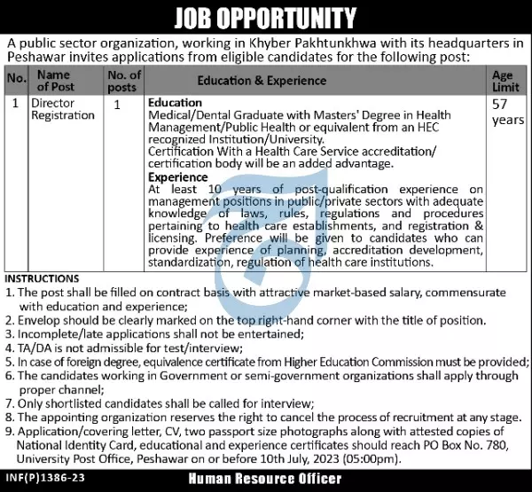 Public Sector Organization Peshawar Khyber Pakhtunkhwa Jobs Jobs 2023 — original advertisement
