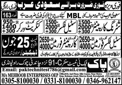 Carpenter Foreman & Shuttering Carpenter Jobs 2023 – Pak Techni Test Center Jobs 2023 — original advertisement