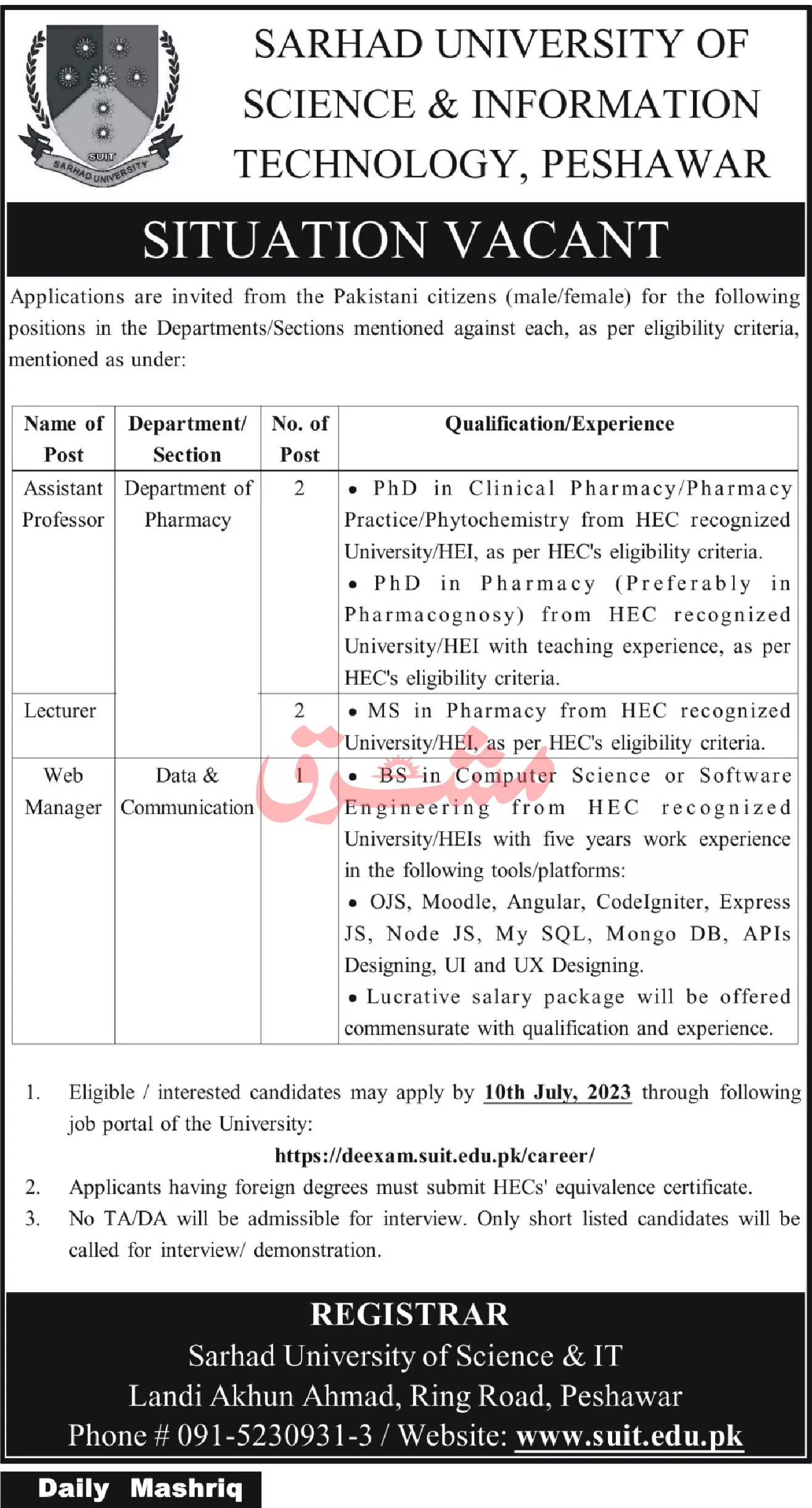 Sarhad University of Science & Information Technology Jobs – Sarhad University of Science and Information Technology Peshawar Jobs 2023 — original advertisement