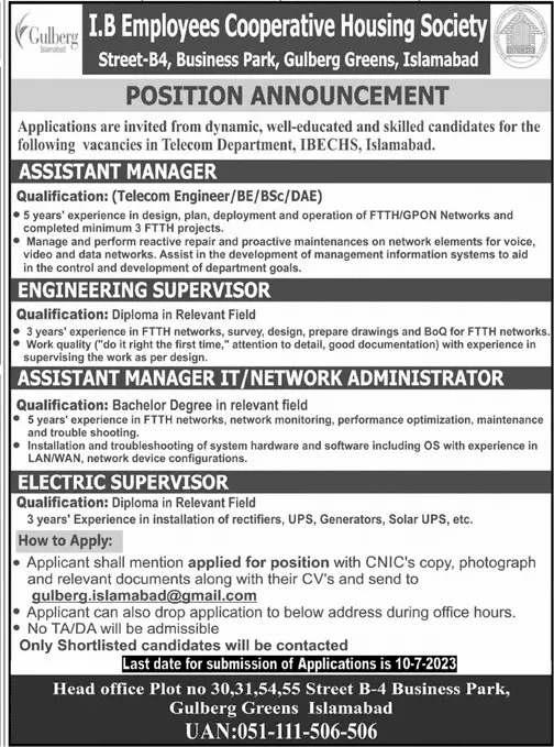 IB Employees Cooperative Housing Society Islamabad Jobs 2023 – Gulberg Greens Islamabad Jobs 2023 — original advertisement