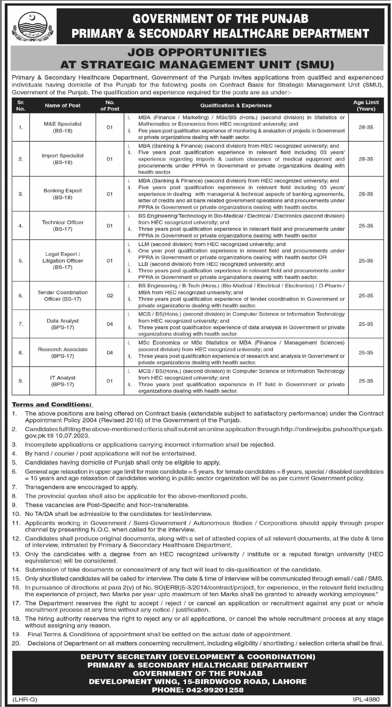 Primary & Secondary Healthcare Department Punjab Jobs 2023 – Health Department Punjab Jobs 2023 — original advertisement