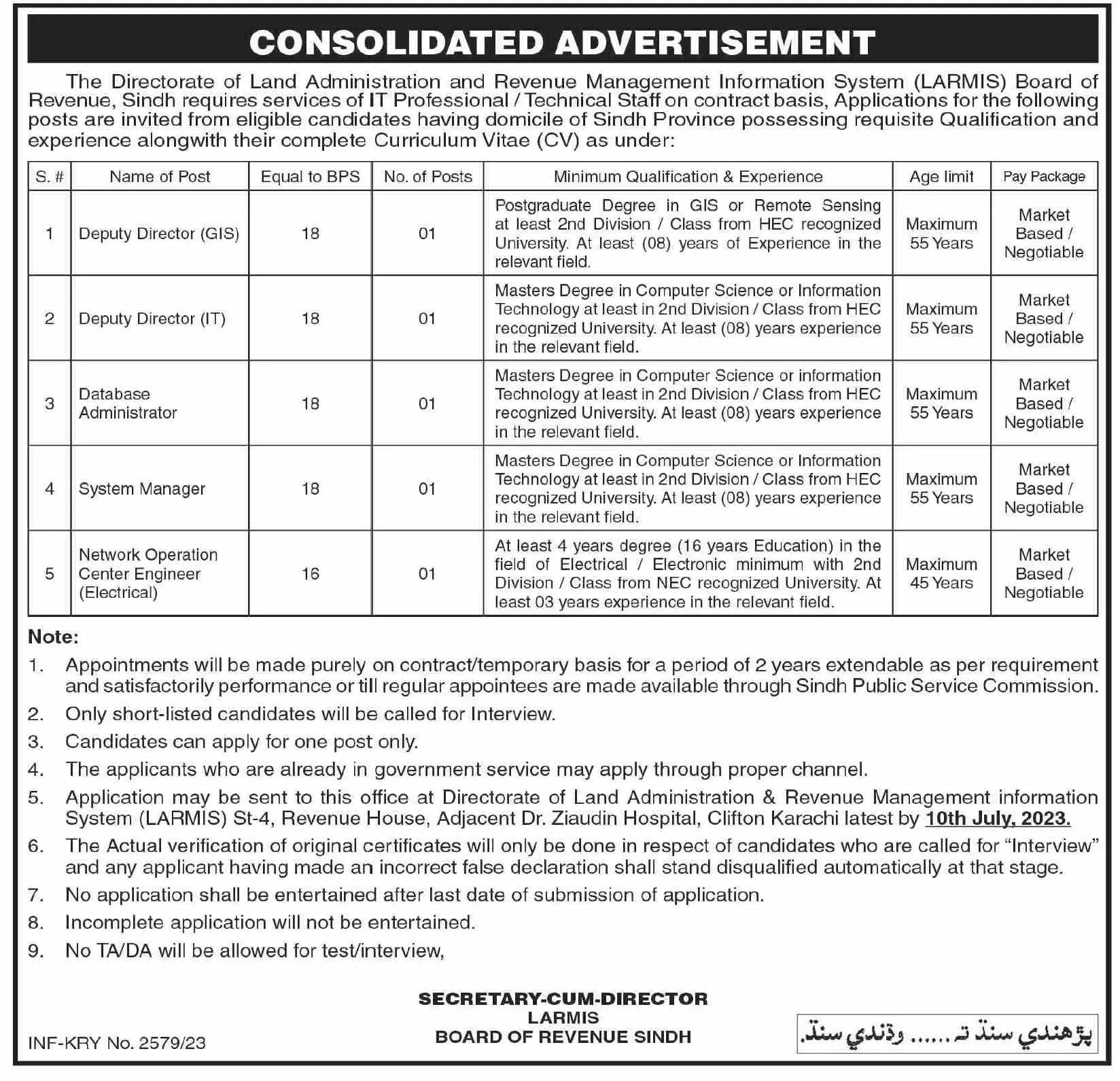 Board Of Revenue Sindh Karachi Jobs 2023 Jobs 2023 — original advertisement