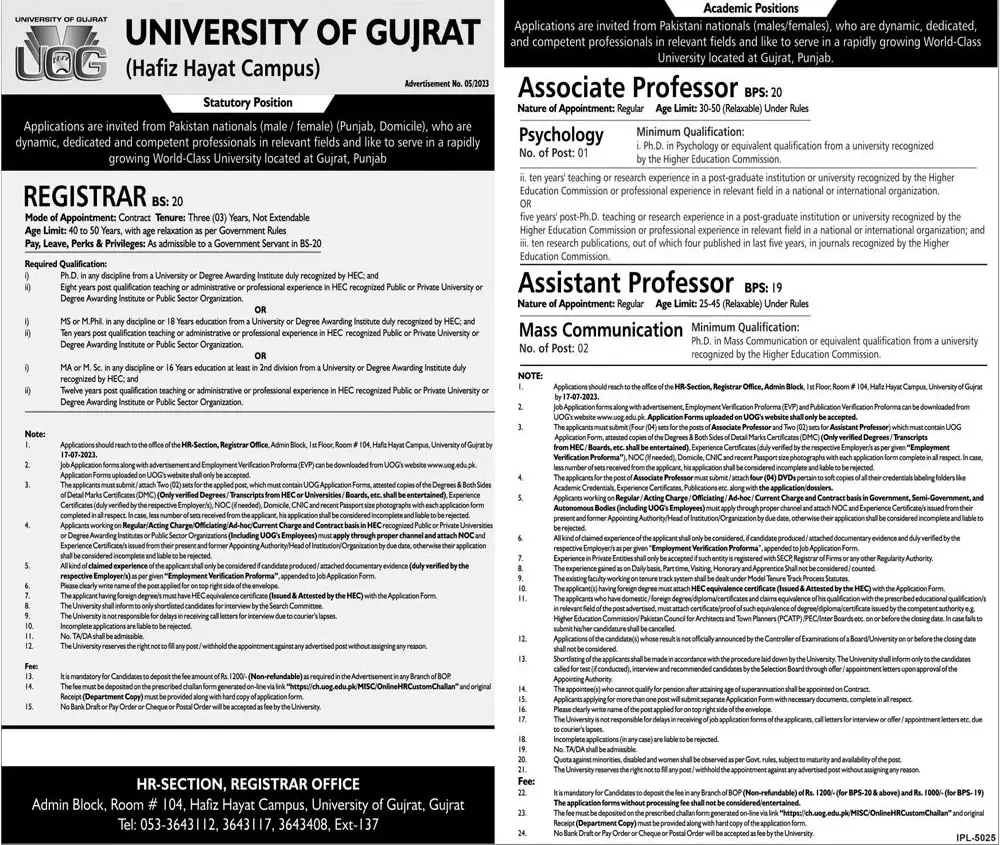 University Of Gujrat UOG Hafizabad Campus Jobs 2023 Jobs 2023 — original advertisement