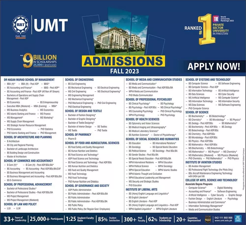 University of Management and Technology UMT Admissions 2023 – University of Management & Technology Lahore Admissions 2023 — original advertisement