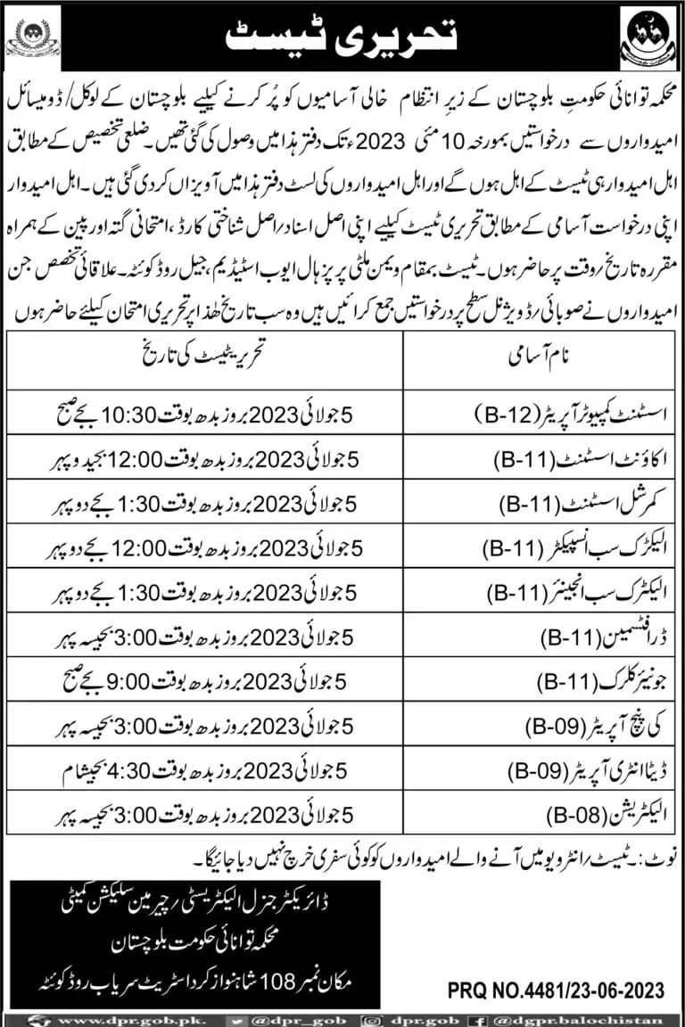 Energy Department Balochistan Written Test 2023 Jobs 2023 — original advertisement